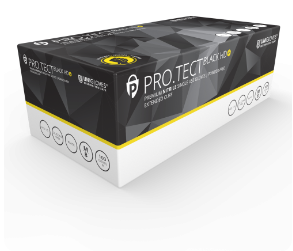 A box of PRO.TECT Black HD+ heavy duty extended cuff black nitrile gloves.
